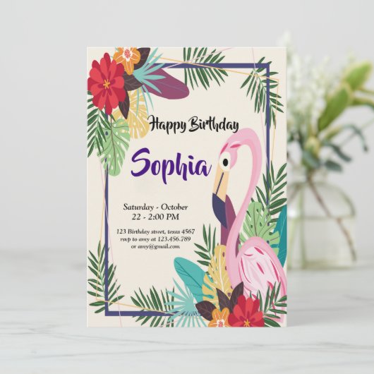 Invitation Aloha Flamant rose tropical (Debout devant)