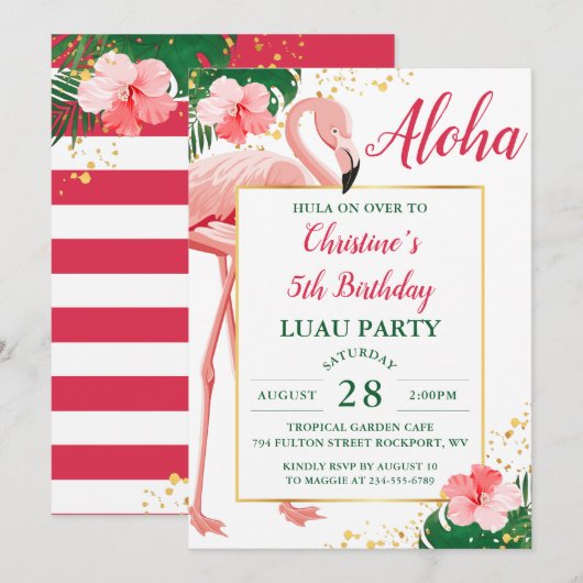 Invitation Aloha Flamant rose tropical rose Floral Luau Anniv (Devant / Derrière)