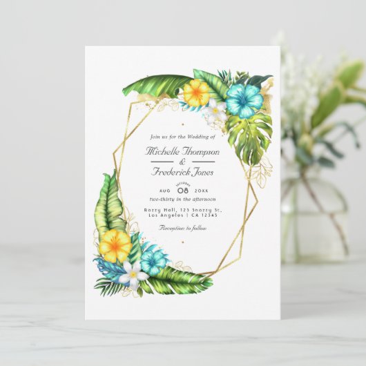 Invitation Aloha géométrique Tropical Summer QR Code Mariage (Debout devant)