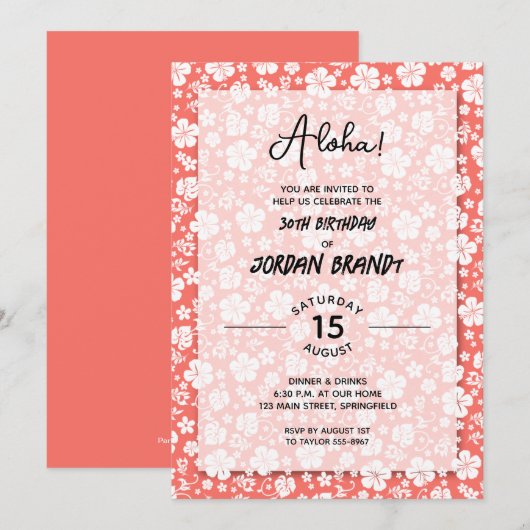 Invitation Aloha Hawaii Floral Coral fête d'anniversaire (Devant / Derrière)