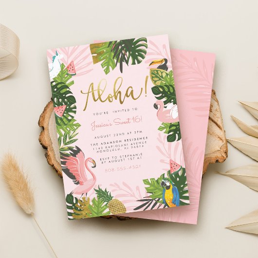 Invitation Aloha Hawaii Tropical Summer Gold Birthday Party