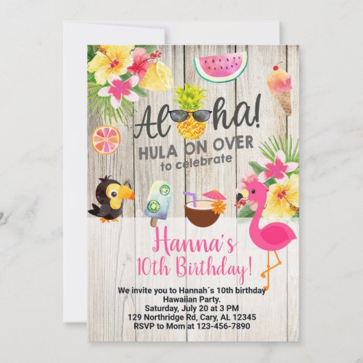 Invitation Aloha, hawaiian birthday party invite. (Devant)