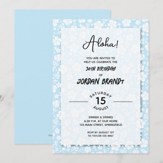 Invitation Aloha Hawaiian Floral Blue Anniversaire (Devant / Derrière)