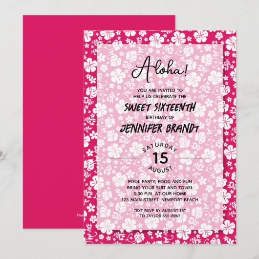 Invitation Aloha Hawaiian Floral Hot Pink 16e anniversaire (Devant / Derrière)