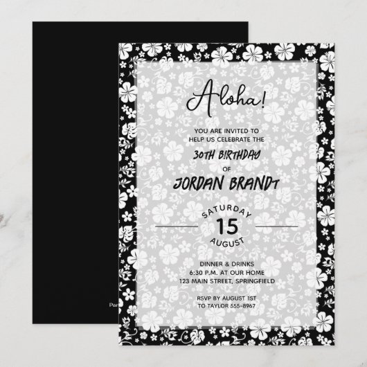 Invitation Aloha Hawaiian Floral Noir et Blanc Anniversaire (Devant / Derrière)
