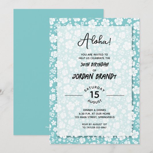 Invitation Aloha Hawaiian Floral Turquoise Anniversaire (Devant / Derrière)