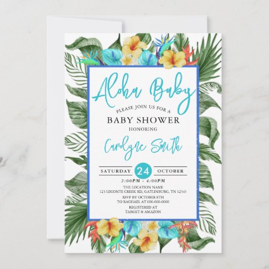 Invitation Aloha Hawaiian Tropical Boy Baby shower (Devant)