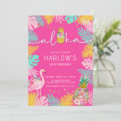 Invitation Aloha Hot rose Tropical Luau Flamant rose Annivers (Debout devant)