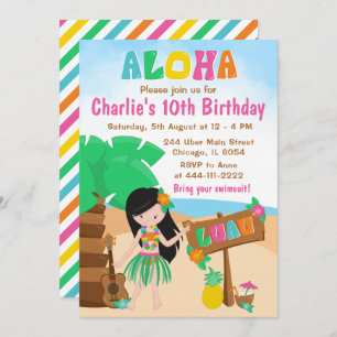 Invitation Aloha Luau Beach Anniversaire Black Hair Girl Invi