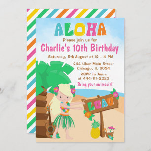 Invitation Aloha Luau Beach Anniversaire Blonde Hair Girl Inv