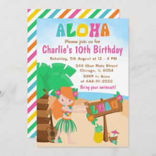 Invitation Aloha Luau Beach Anniversaire Red Hair Girl Invita