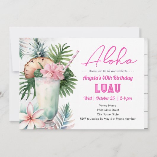 Invitation Aloha Luau Boisson Tropicale Adulte Anniversaire (Devant)