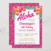 Invitation Aloha Luau Parties scintillant rose Hibiscus tropi (Devant / Derrière)