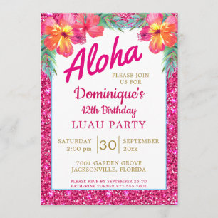 Invitation Aloha Luau Parties scintillant rose Hibiscus tropi