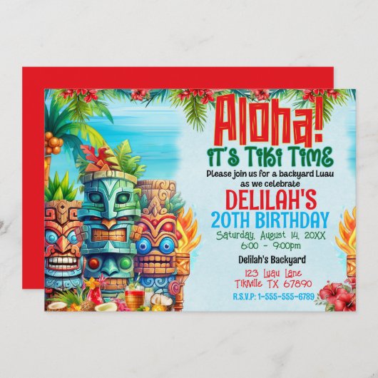 Invitation Aloha Luau Tiki fête d'anniversaire (Devant / Derrière)