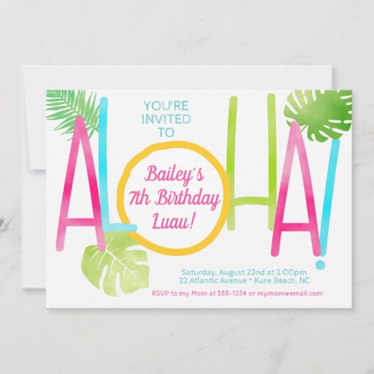 Invitation Aloha Luau Tropical Colorful Girly Anniversaire (Devant)