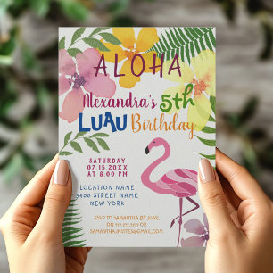 Invitation Aloha Luau Tropical Floral Flamant rose rose Anniv
