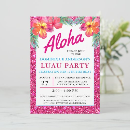 Invitation Aloha Luau Tropical Hawaiian Parties scintillant r (Debout devant)