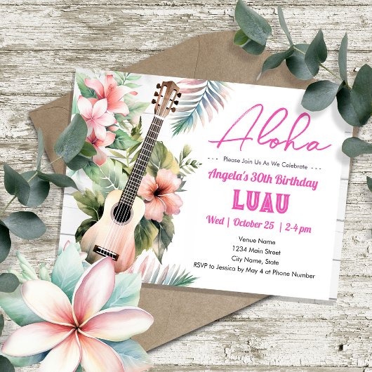 Invitation Aloha Luau ukulele Adulte Anniversaire