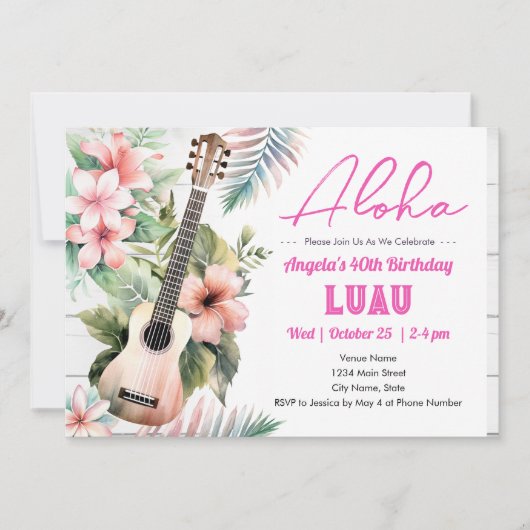 Invitation Aloha Luau ukulele Adulte Anniversaire (Devant)