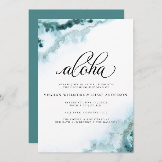 Invitation Aloha moderne Turquoise aquarelle Moss Agate (Devant / Derrière)