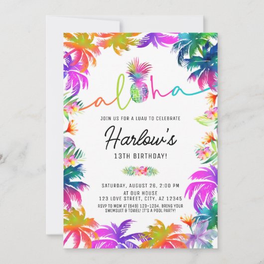 Invitation Aloha Neon Tropical Luau Été Amusants Anniversaire (Devant)
