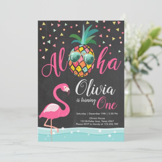 Invitation Aloha Pineapple Flamant rose Anniversaire Invitati (Debout devant)