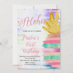Invitation Aloha Pink Gold Rainbow Anniversaire