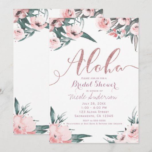 Invitation Aloha Pink Tropical Été Fête des mariées florale (Devant / Derrière)