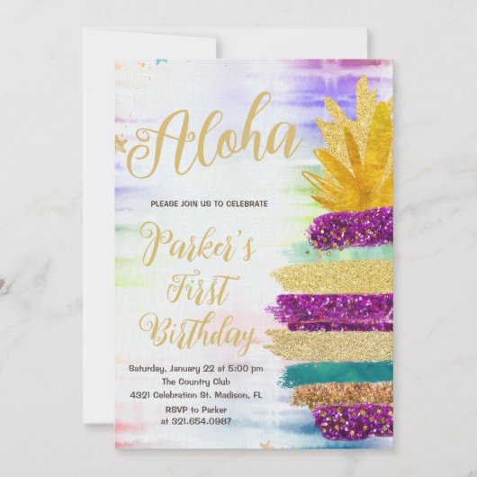 Invitation Aloha Purple Gold Rainbow Anniversaire (Devant)