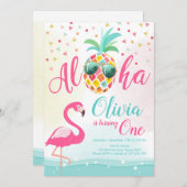 Invitation Aloha rose d'invitation d'anniversaire de Flamant (Devant / Derrière)