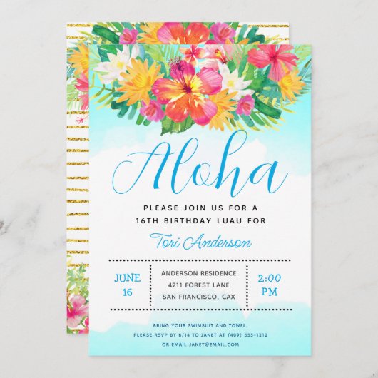 Invitation Aloha Script Tropical Birthday Luau Blue (Devant / Derrière)