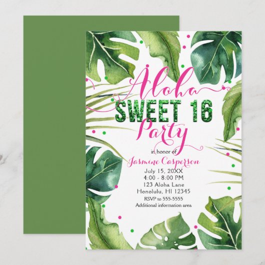 Invitation ALOHA SUCRÉ 16 Seize Feuilles Tropicales Rose Vert (Devant / Derrière)