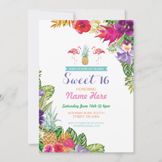 Invitation Aloha Sweet 16 Flamant rose de fête d'anniversaire (Devant)