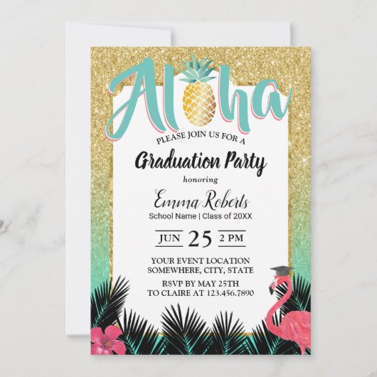 Invitation Aloha Tropical Ananas Parties scintillant Or Gradu (Devant)