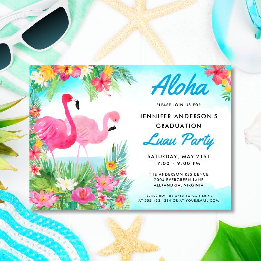 Invitation Aloha Tropical Flamant rose Graduation Luau Party