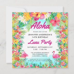 Invitation Aloha Tropical Flamant rose Luau Carré de la fête