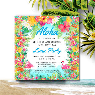 Invitation Aloha Tropical Flamant rose Luau Carré de la fête 
