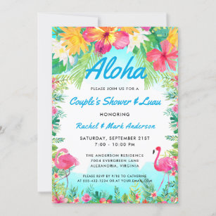 Invitation Aloha Tropical Flamant rose Luau Couple Douche