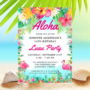 Invitation Aloha Tropical Flamant rose Luau Fête Anniversaire