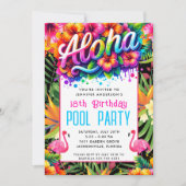 Invitation Aloha Tropical Flamingo Birthday Pool Party (Devant)