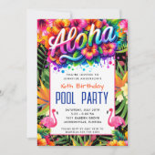 Invitation Aloha Tropical Flamingo Birthday Pool Party (Devant)