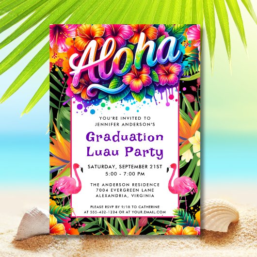 Invitation Aloha Tropical Flamingo Graduation Luau Party
