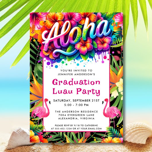 Invitation Aloha Tropical Flamingo Graduation Luau Party