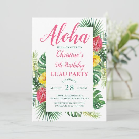 Invitation Aloha Tropical Floral Luau fête d'anniversaire (Debout devant)