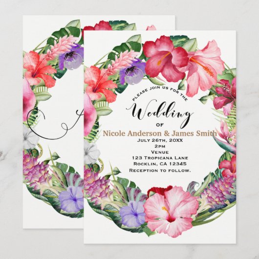 Invitation Aloha Tropical Floral Wreath Luau Wedding Party (Devant / Derrière)