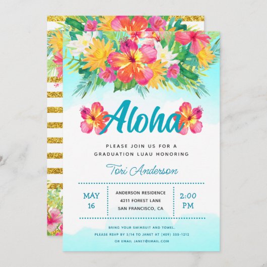 Invitation Aloha Tropical Graduation Luau Parties scintillant (Devant / Derrière)