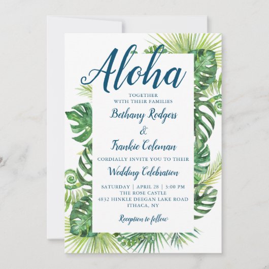 Invitation Aloha Tropical Greenery Blue Beach Mariage (Devant)