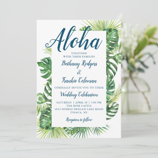 Invitation Aloha Tropical Greenery Blue Beach Mariage (Debout devant)