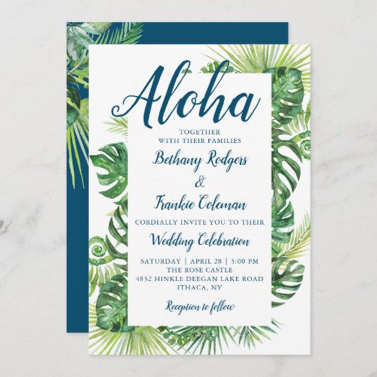 Invitation Aloha Tropical Greenery Blue Beach Mariage (Devant / Derrière)